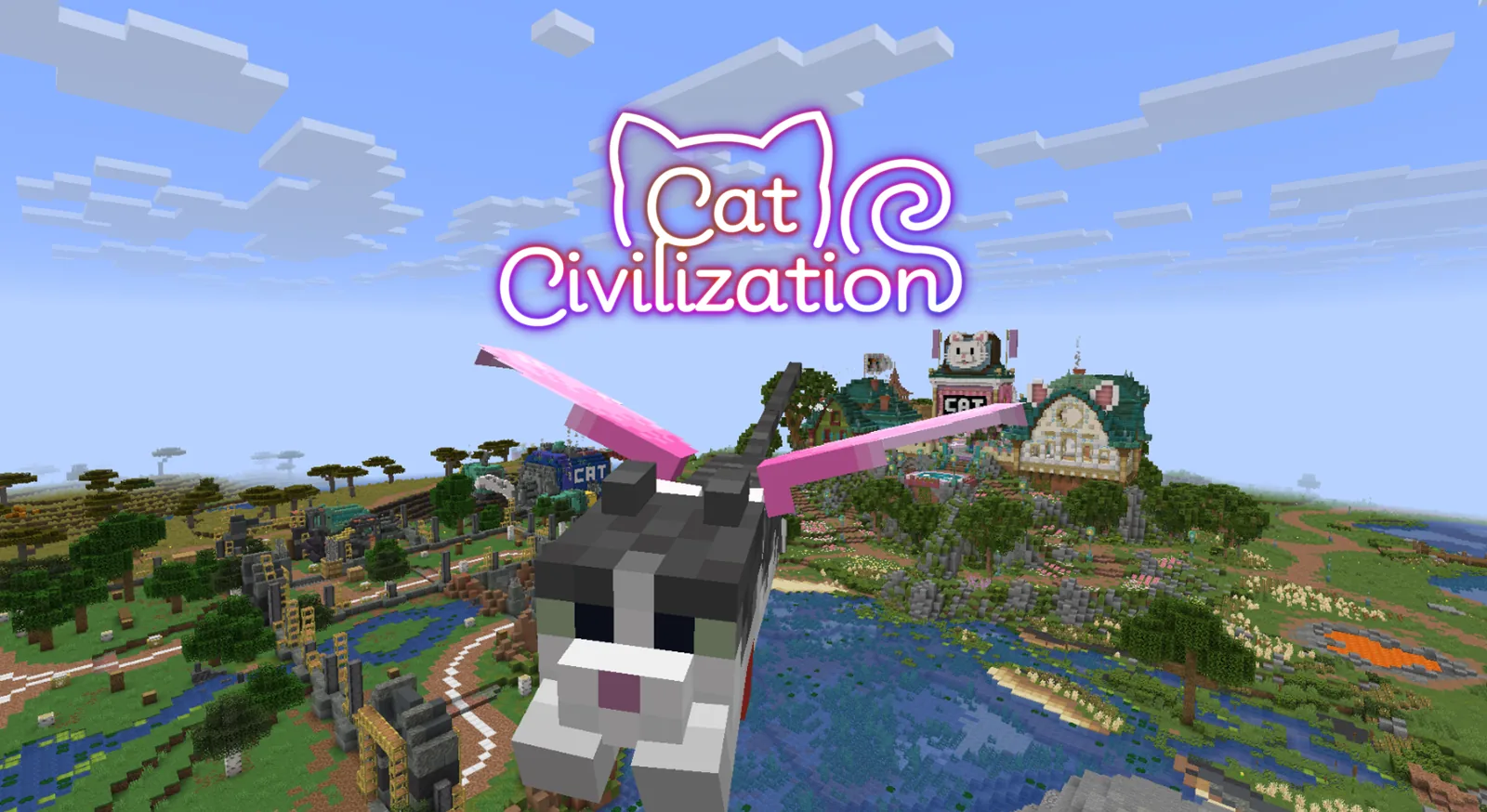 A player as a winged 3D cat flying over the cat-themed spawn town on the Cat Civilization Minecraft SMP