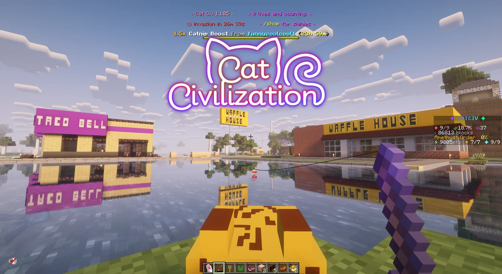 Fishing as a cat beside player-built shops on the cat SMP