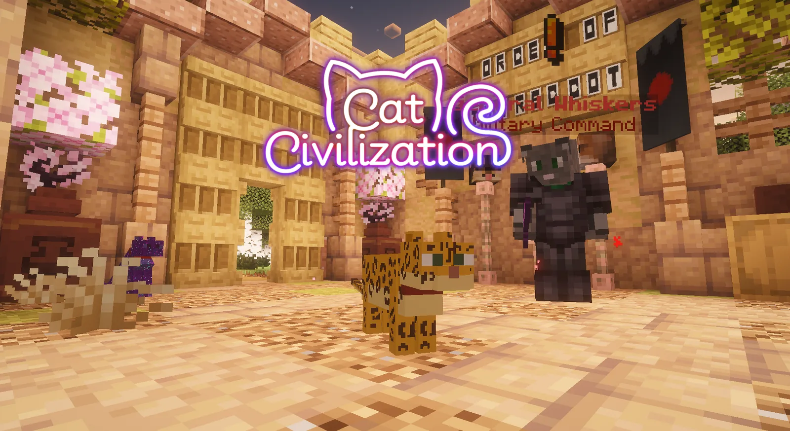 Two 3D cats inside their nation's command hall on the CatCiv SMP