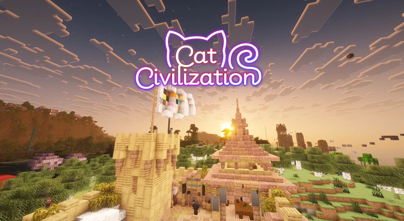 A player nation's base flying a cat banner at sunset on the cat civilization Minecraft server