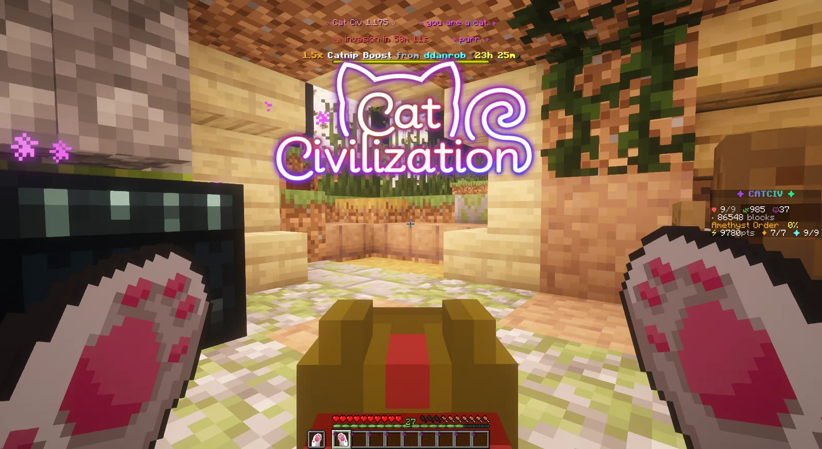 Inside a cozy player den on the Minecraft cat server, HUD reading 'you are a cat'
