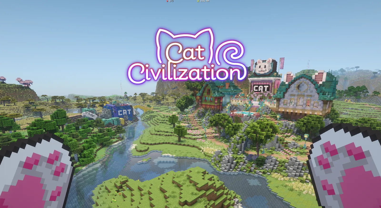 Playing as a cat in Minecraft — first-person cat paws overlooking the spawn valley